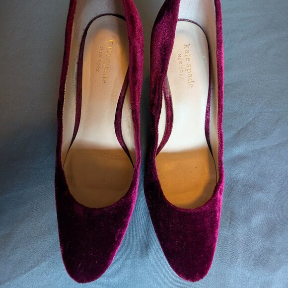 Kate Spade Sybil Burgundy Velvet Pumps with Rhinestone Block Heels Vero Cuoio - Picture 5 of 14